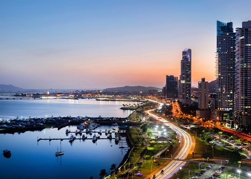 Night view of Avenida Balboa in Panama